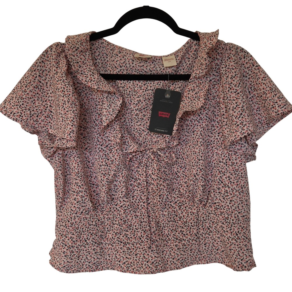 NWT Levi's Pink Floral Ruffle Peplum Crop Top Sz L Cottage Peasant Prairie Fairy